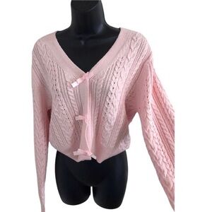 Jessica Simpson pink bow adorned cable knit‎ cardigan sweater size small new